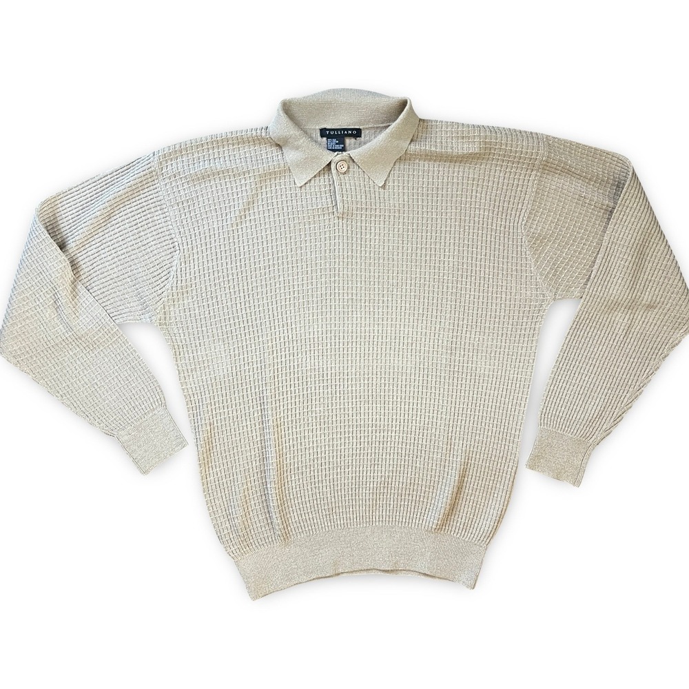 Tulliano Mens Silk Cotton Knit Sweater Beige Textured Waffle Long Sleeve L